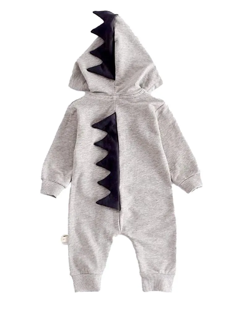 Pale Grey Dinosaur Baby Hooded Onesie With Dark Spikes 3 to 12 months
