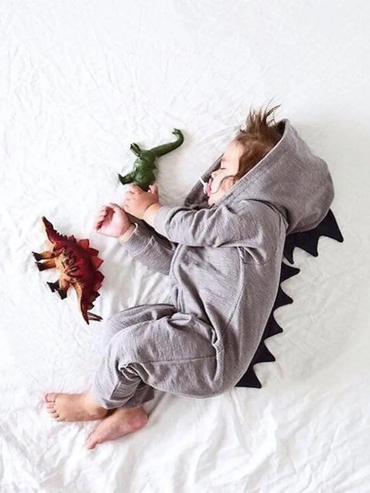 Pale Grey Dinosaur Baby Hooded Onesie With Dark Spikes 3 to 12 months