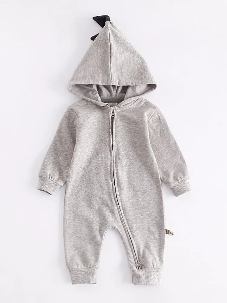 Pale Grey Dinosaur Baby Hooded Onesie With Dark Spikes 3 to 12 months