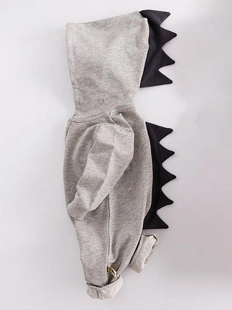 Pale Grey Dinosaur Baby Hooded Onesie With Dark Spikes 3 to 12 months