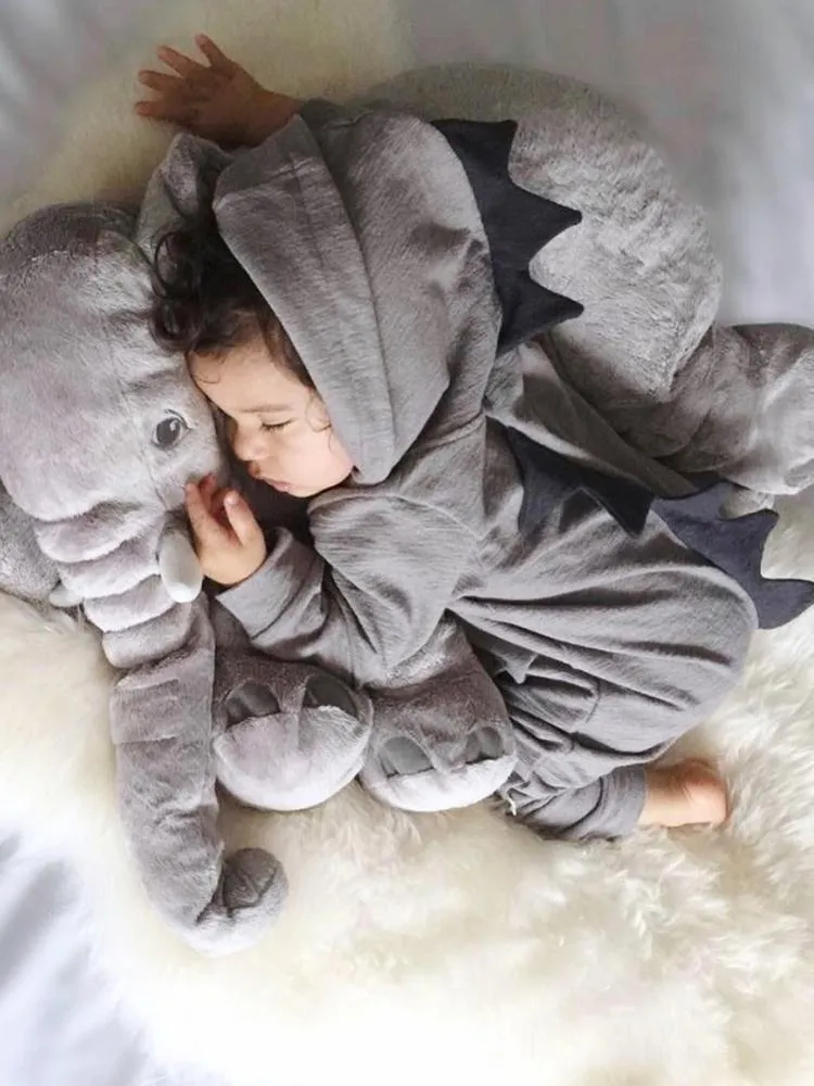 Pale Grey Dinosaur Baby Hooded Onesie With Dark Spikes 3 to 12 months