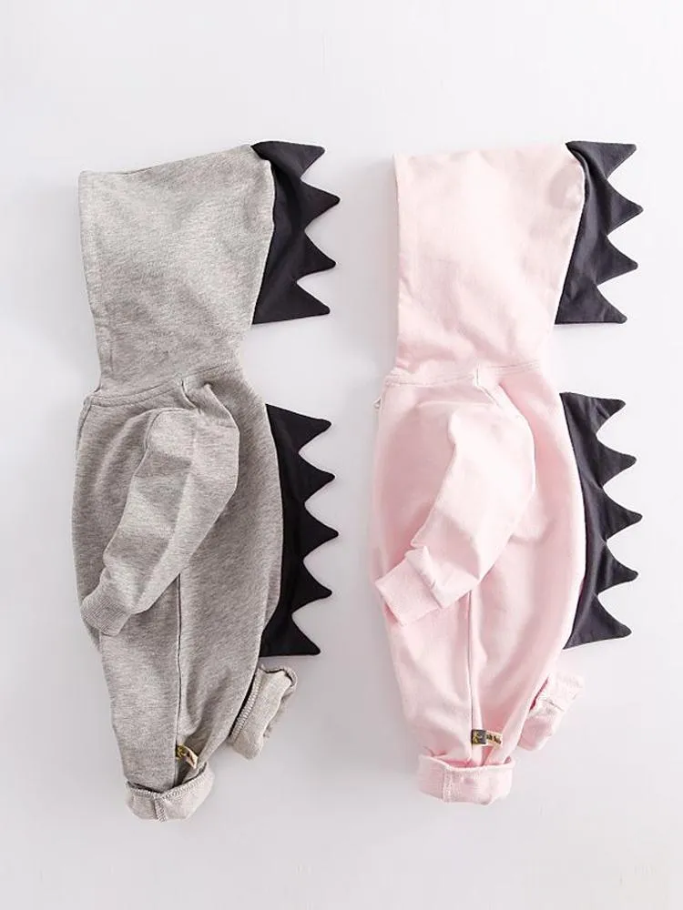 Pale Grey Dinosaur Baby Hooded Onesie With Dark Spikes 3 to 12 months