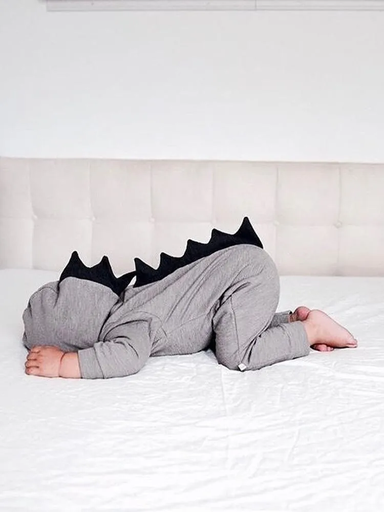 Pale Grey Dinosaur Baby Hooded Onesie With Dark Spikes 3 to 12 months