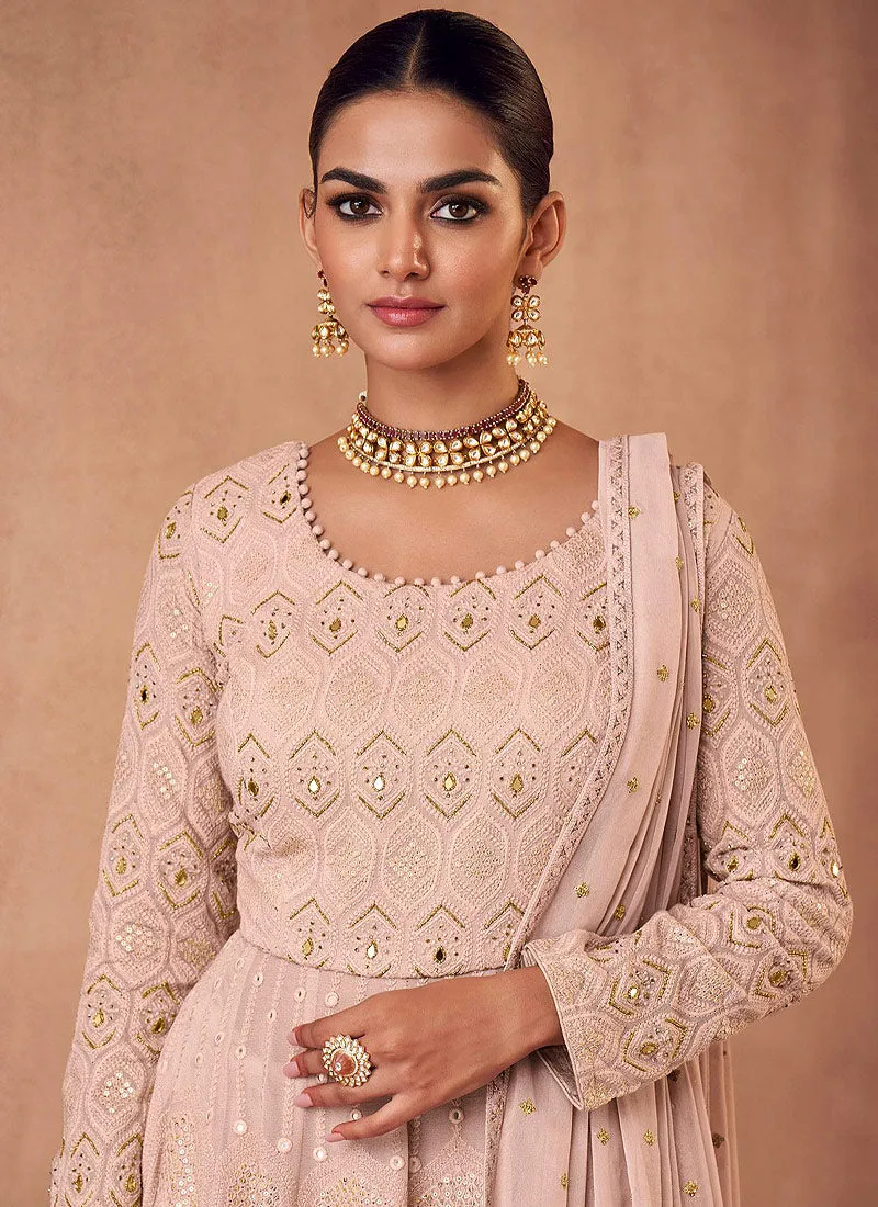 Pale Pink Mirror Work Embroidery Anarkali Gharara Suit