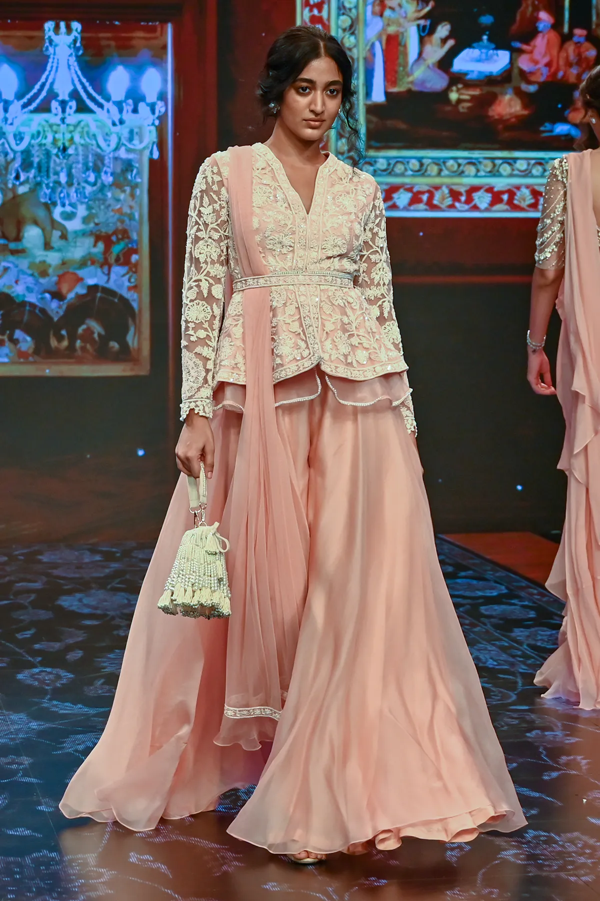 Peach Embroidered Peplum Sharara Set