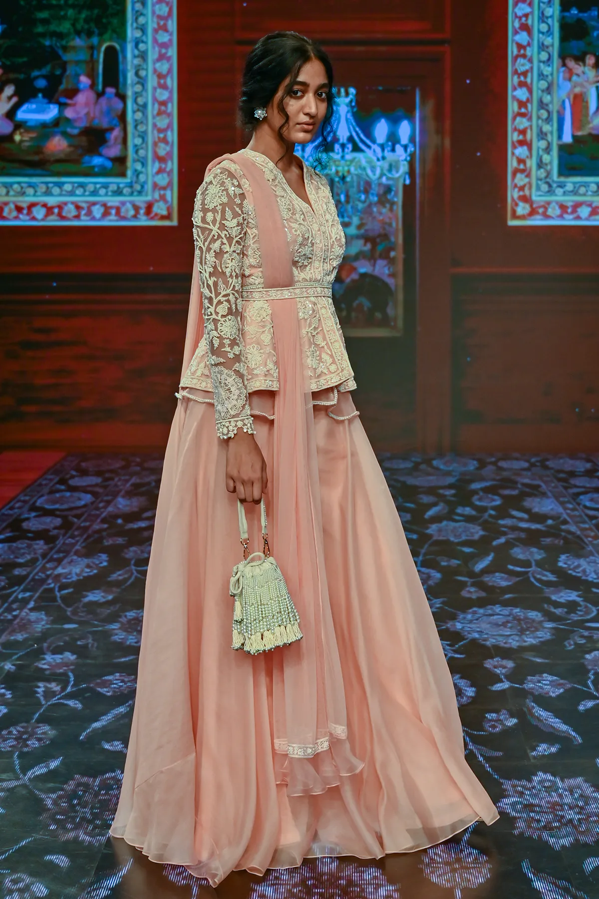 Peach Embroidered Peplum Sharara Set
