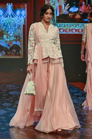 Peach Embroidered Peplum Sharara Set