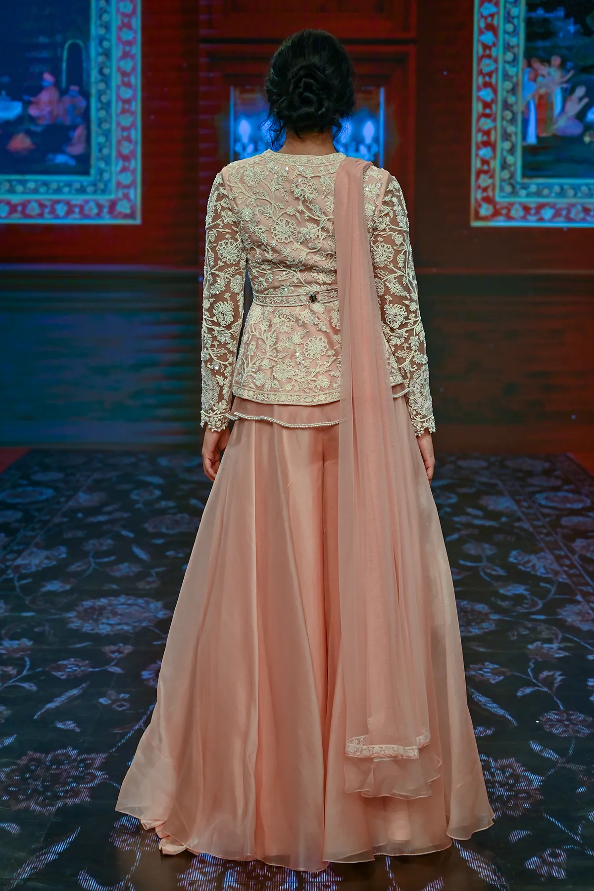 Peach Embroidered Peplum Sharara Set