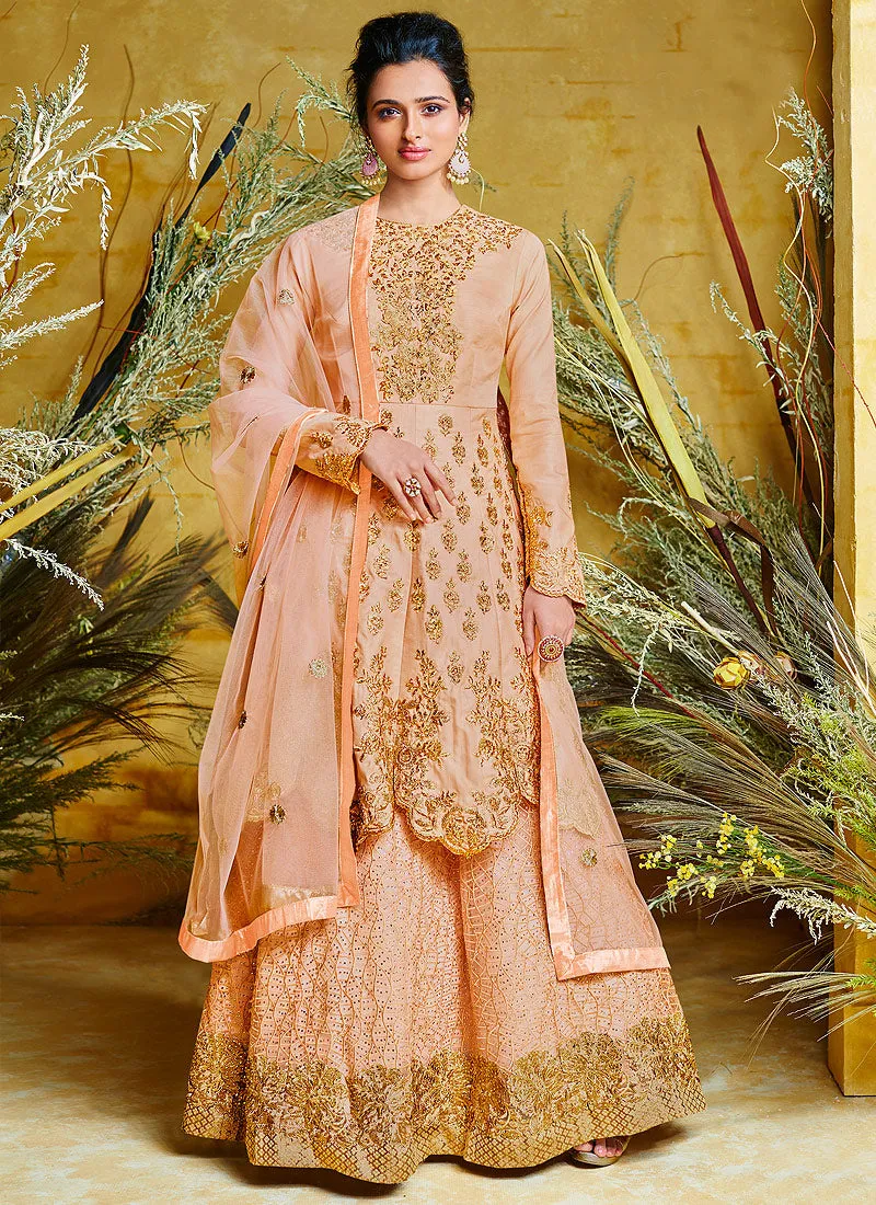 Peach Peplum Style Lehenga Suit