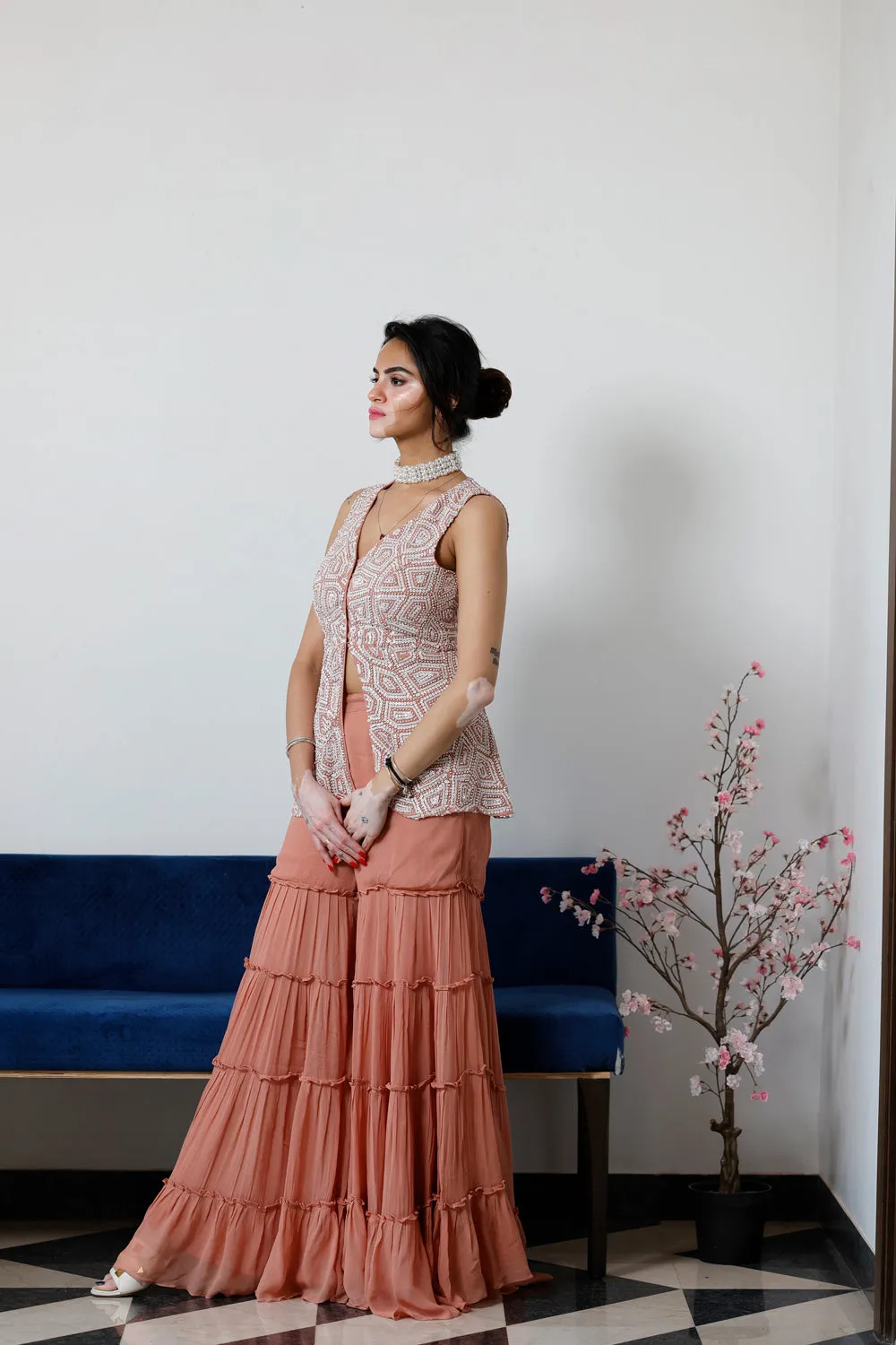 Pearl Embroidered Peplum Top With Sharara