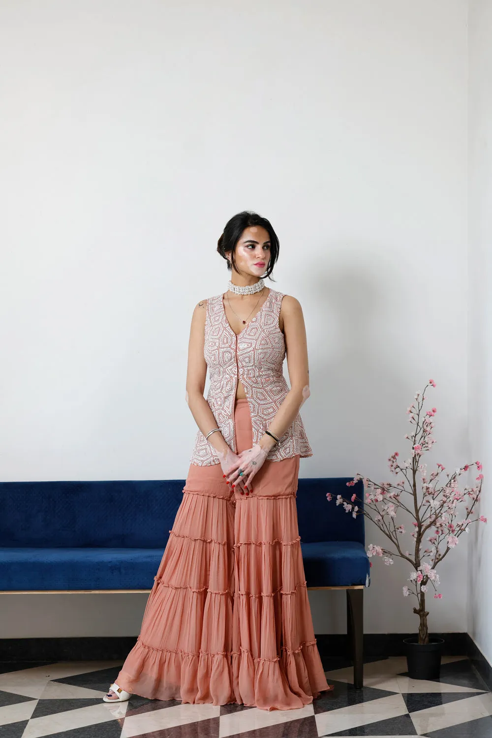 Pearl Embroidered Peplum Top With Sharara