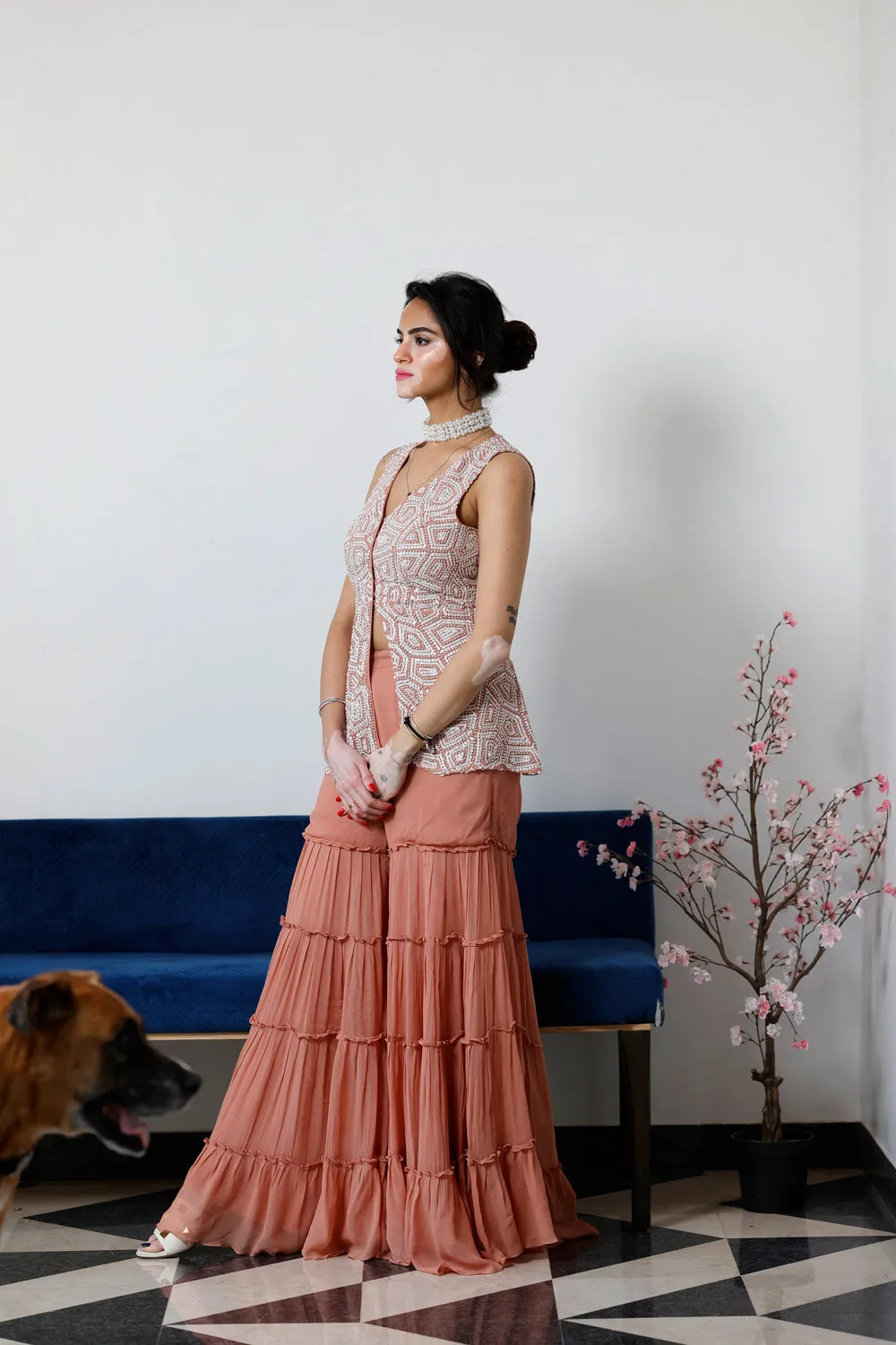Pearl Embroidered Peplum Top With Sharara