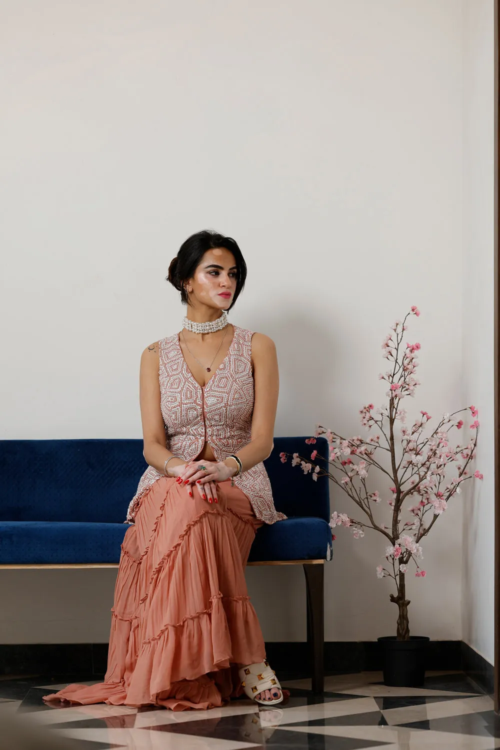 Pearl Embroidered Peplum Top With Sharara