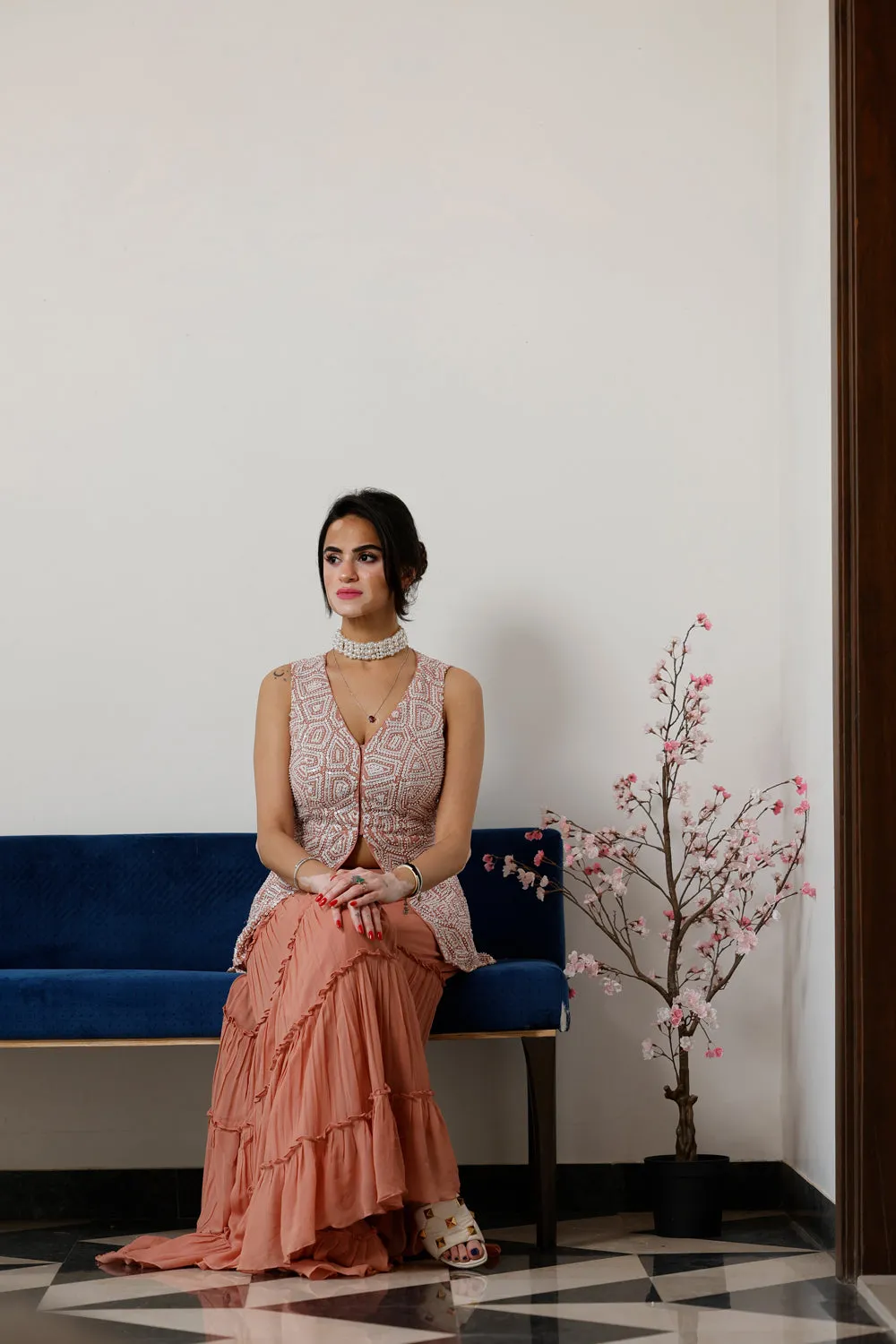 Pearl Embroidered Peplum Top With Sharara