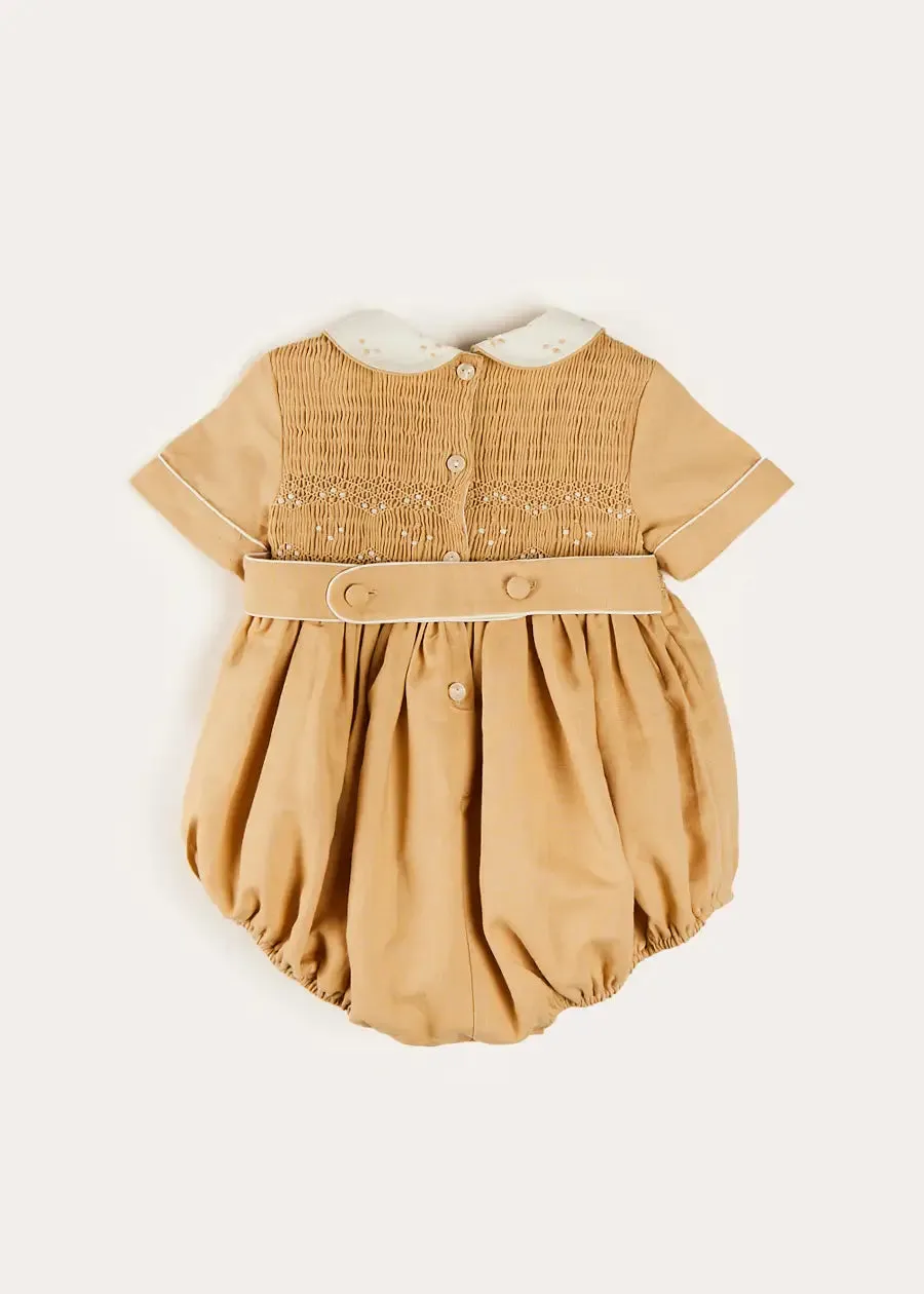 Peter Pan Collar Hand Smocked Short Sleeve Romper in Camel (6mths-2yrs)