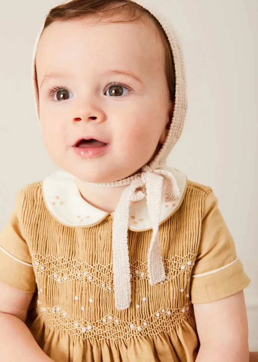 Peter Pan Collar Hand Smocked Short Sleeve Romper in Camel (6mths-2yrs)