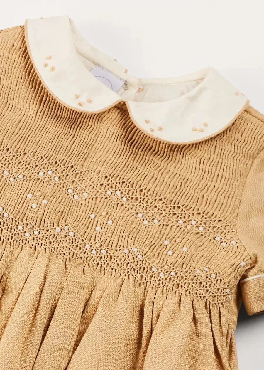 Peter Pan Collar Hand Smocked Short Sleeve Romper in Camel (6mths-2yrs)