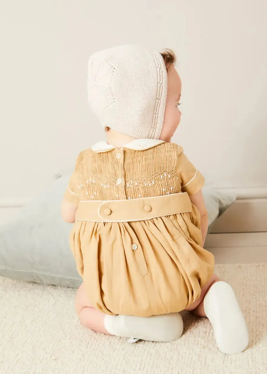 Peter Pan Collar Hand Smocked Short Sleeve Romper in Camel (6mths-2yrs)