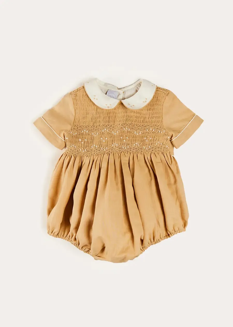 Peter Pan Collar Hand Smocked Short Sleeve Romper in Camel (6mths-2yrs)