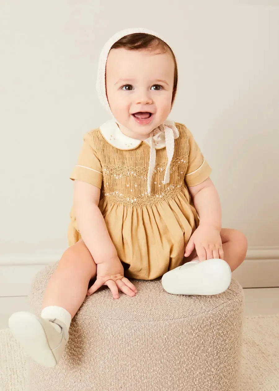 Peter Pan Collar Hand Smocked Short Sleeve Romper in Camel (6mths-2yrs)