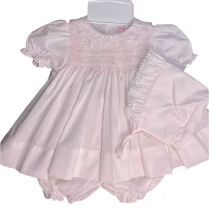 Petit Ami Girls Pink Lace Smocked 3 piece Dress Preemie Newborn 3 6 9 Months