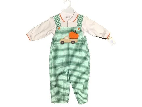 Petit Ami Green and White Check Romper with Orange Pumpkin Applique (attached ruffle collar)