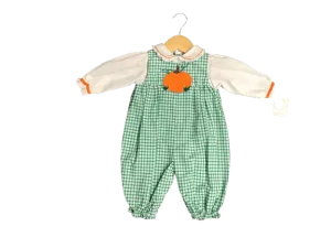 Petit Ami Green and White Check Romper with Orange Pumpkin Applique (attached ruffle collar)