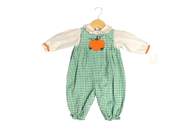 Petit Ami Green and White Check Romper with Orange Pumpkin Applique (attached ruffle collar)
