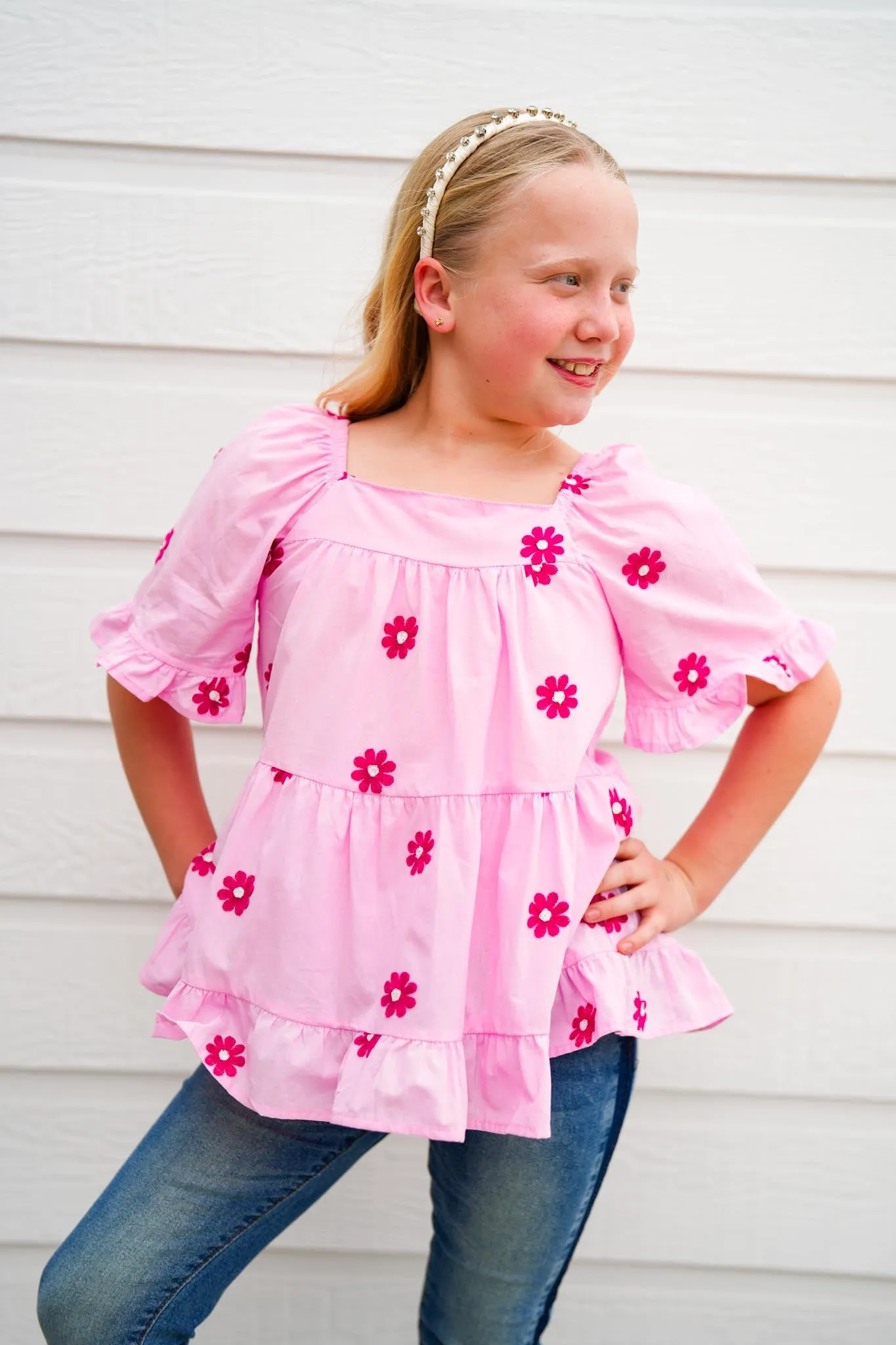 Pink Daisy Embroidered Top