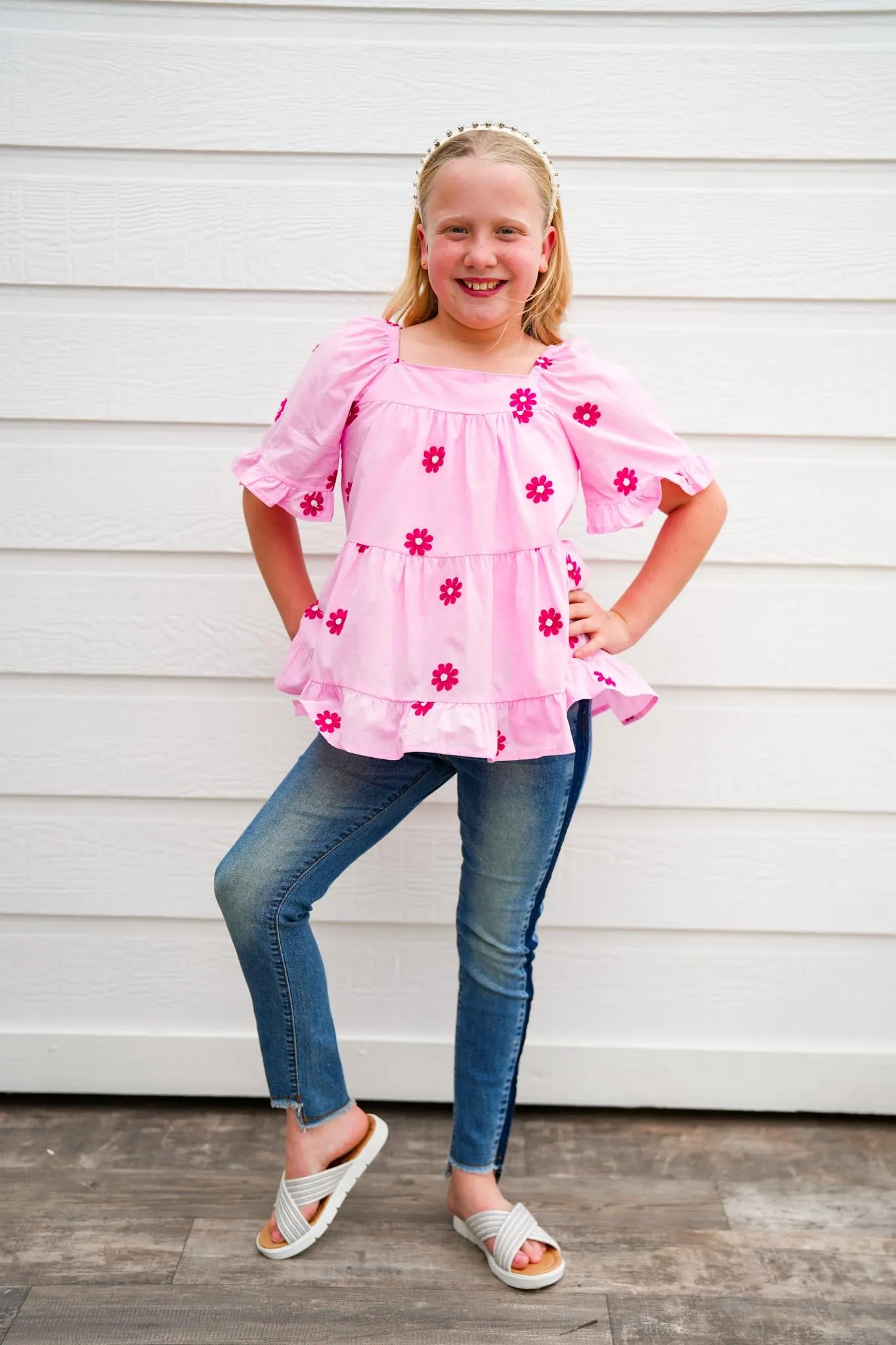 Pink Daisy Embroidered Top