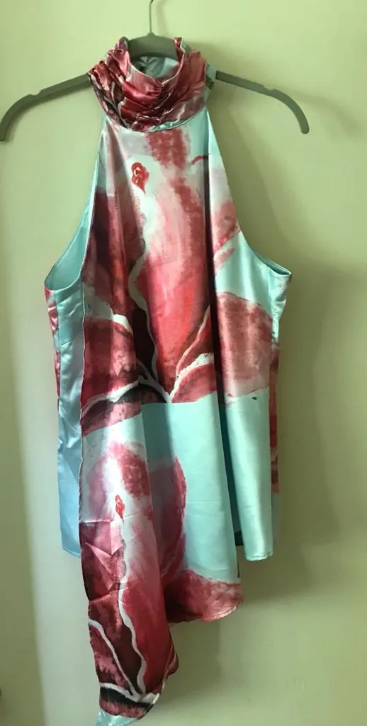 Pink Magnolia Asymmetric Halter Satin Top
