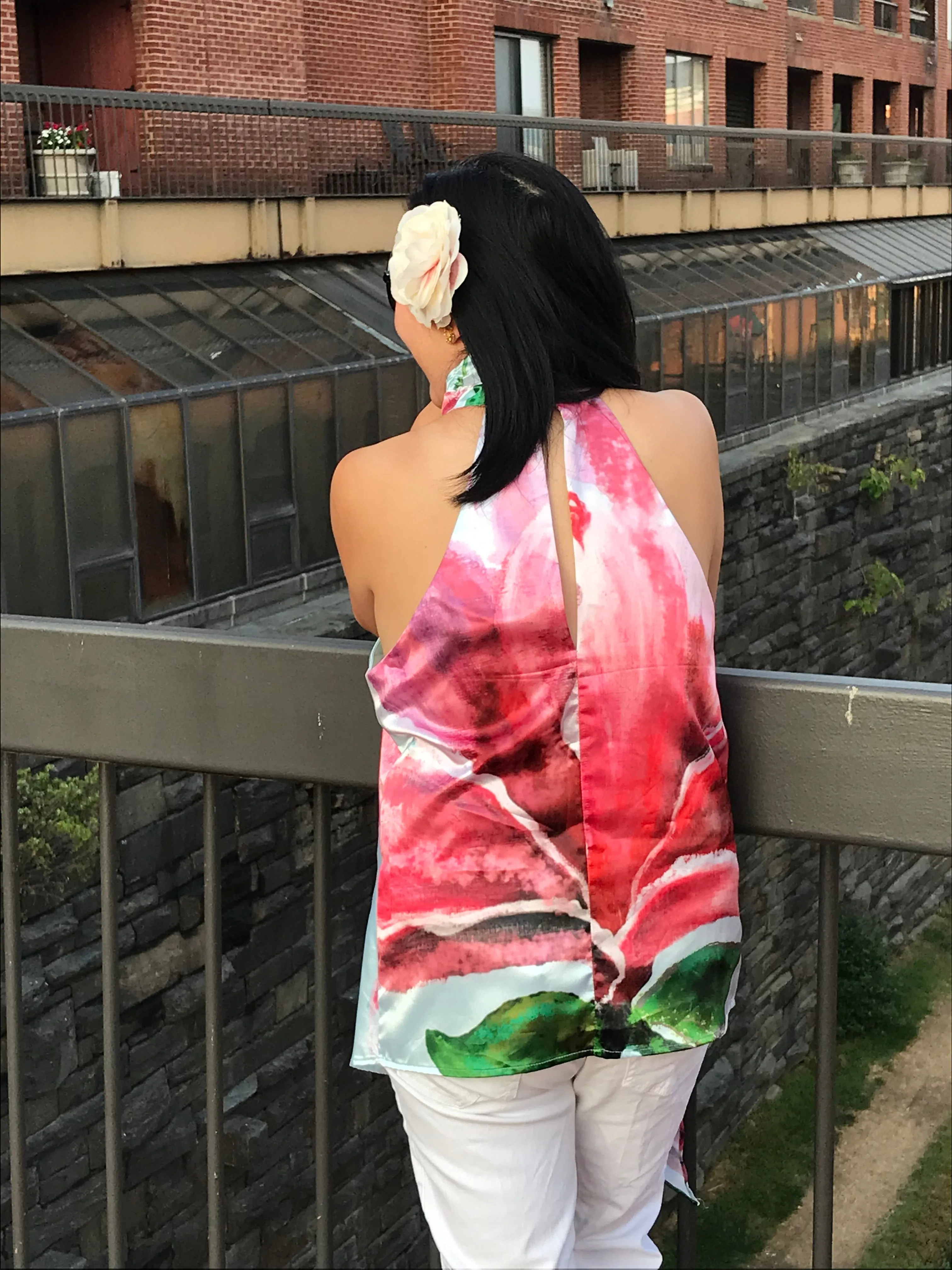 Pink Magnolia Asymmetric Halter Satin Top