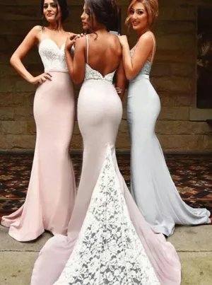pink mermaid lace bridesmaid dresses long 2020 elegant spaghetti straps cheap wedding party dress