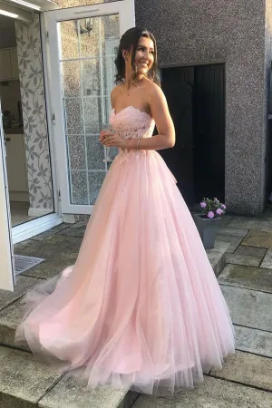 Pink Tulle Lace A-line Sweetheart Prom Dresses, Long Formal Dresses, MP683