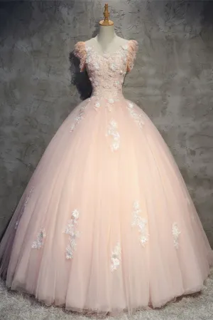 Pink tulle lace long prom dress, pink tulle evening dress