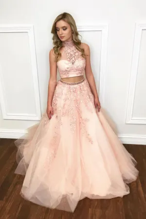 Pink tulle lace two pieces long prom dress, pink tulle evening dress
