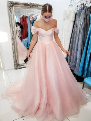 Pink tulle off shoulder long prom dress, pink tulle formal dress
