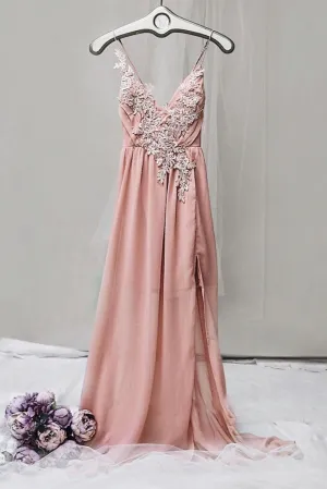 Pink v neck chiffon lace long prom dress, pink evening dress
