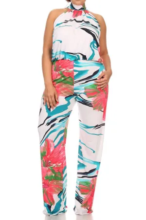 Plus Size Beautiful Sleeveless Floral Wave Jumpsuit