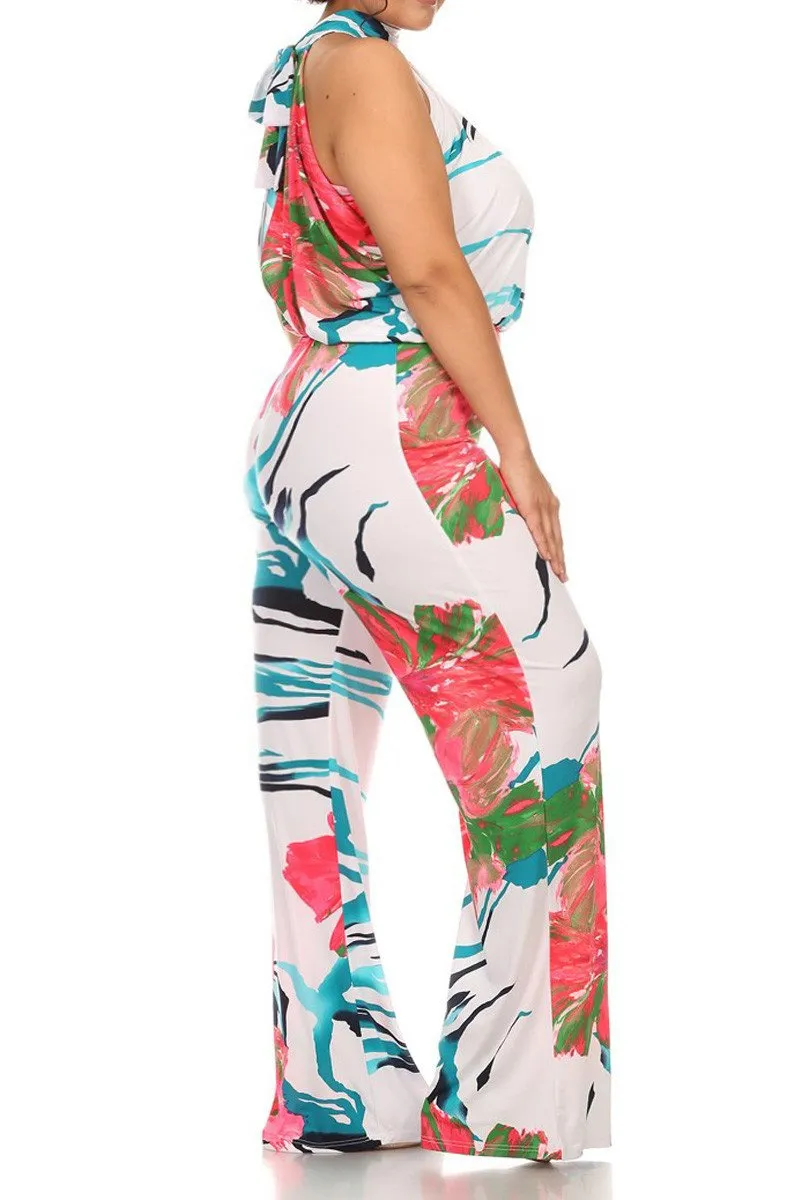 Plus Size Beautiful Sleeveless Floral Wave Jumpsuit