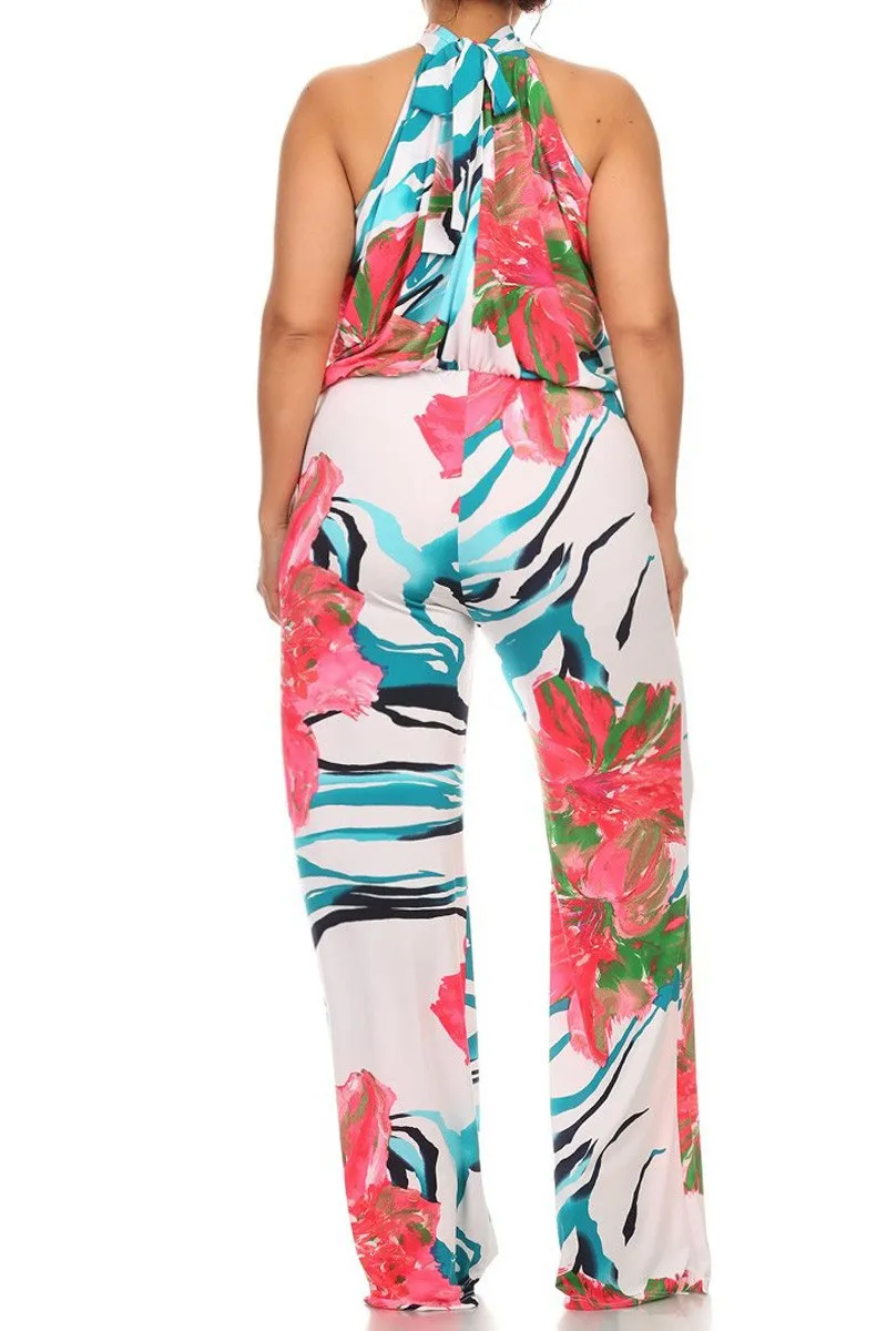 Plus Size Beautiful Sleeveless Floral Wave Jumpsuit