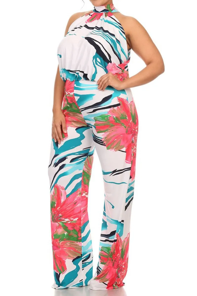 Plus Size Beautiful Sleeveless Floral Wave Jumpsuit