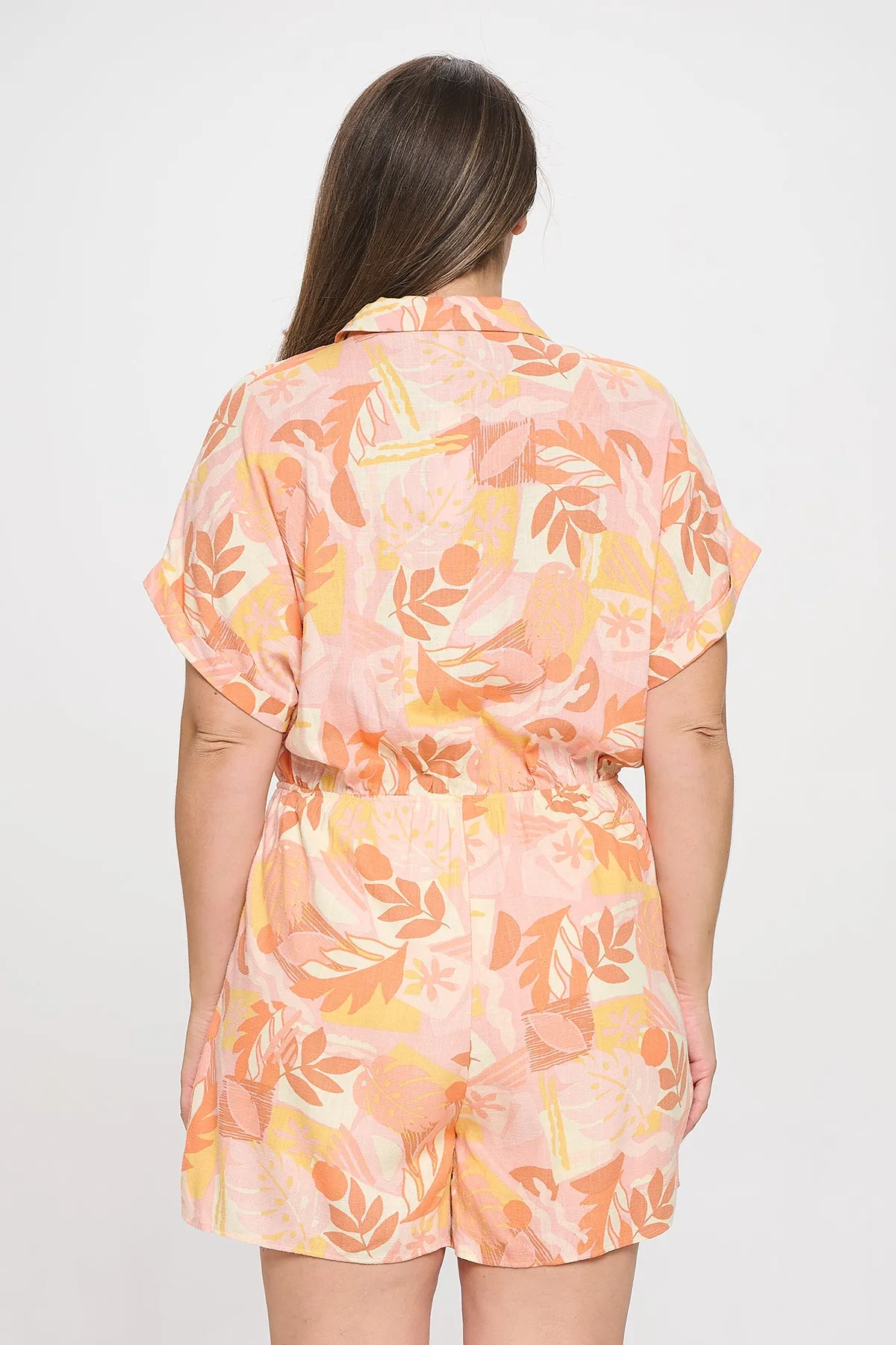 PLUS SIZE COLLARED SHORT SLEEVE WAIST TIE FLORAL ROMPER