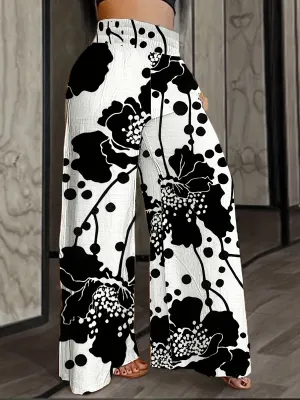 Plus Size Floral Print Wide Leg Pants, Casual Style, Polyester Non-Stretch Woven Fabric, for All-Season Wear