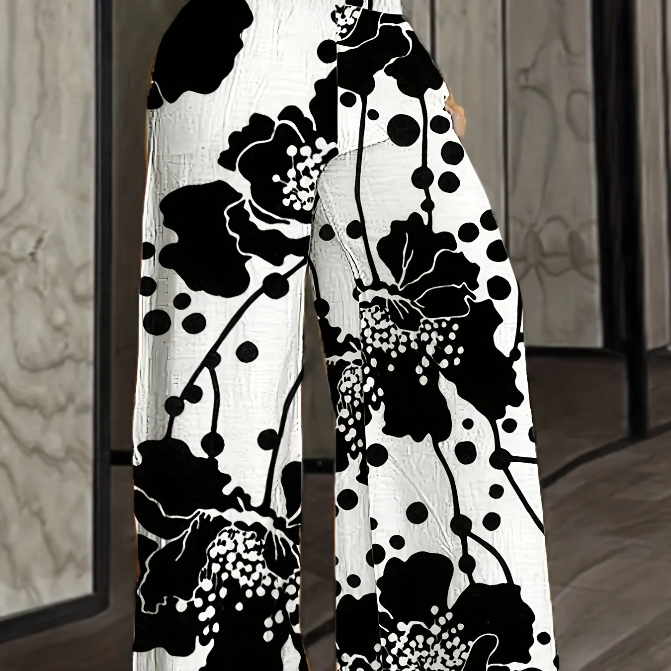 Plus Size Floral Print Wide Leg Pants, Casual Style, Polyester Non-Stretch Woven Fabric, for All-Season Wear