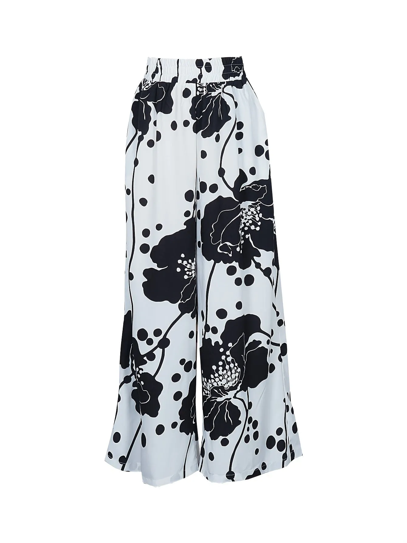 Plus Size Floral Print Wide Leg Pants, Casual Style, Polyester Non-Stretch Woven Fabric, for All-Season Wear