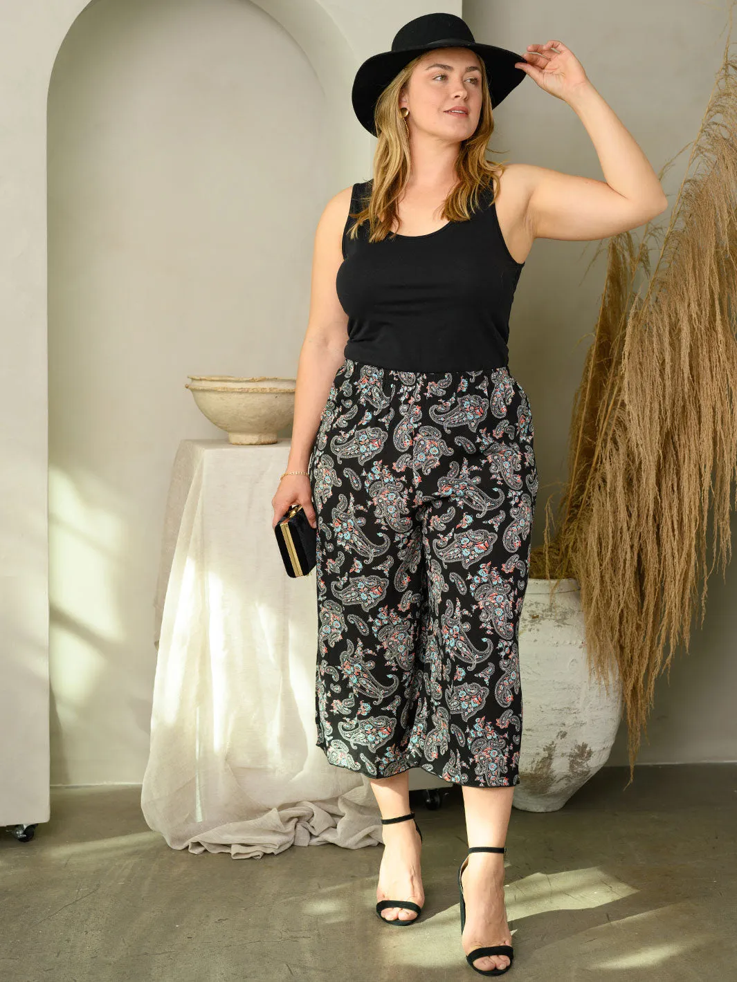PLUS SIZE GAUZE FLORAL PRINT PANTS
