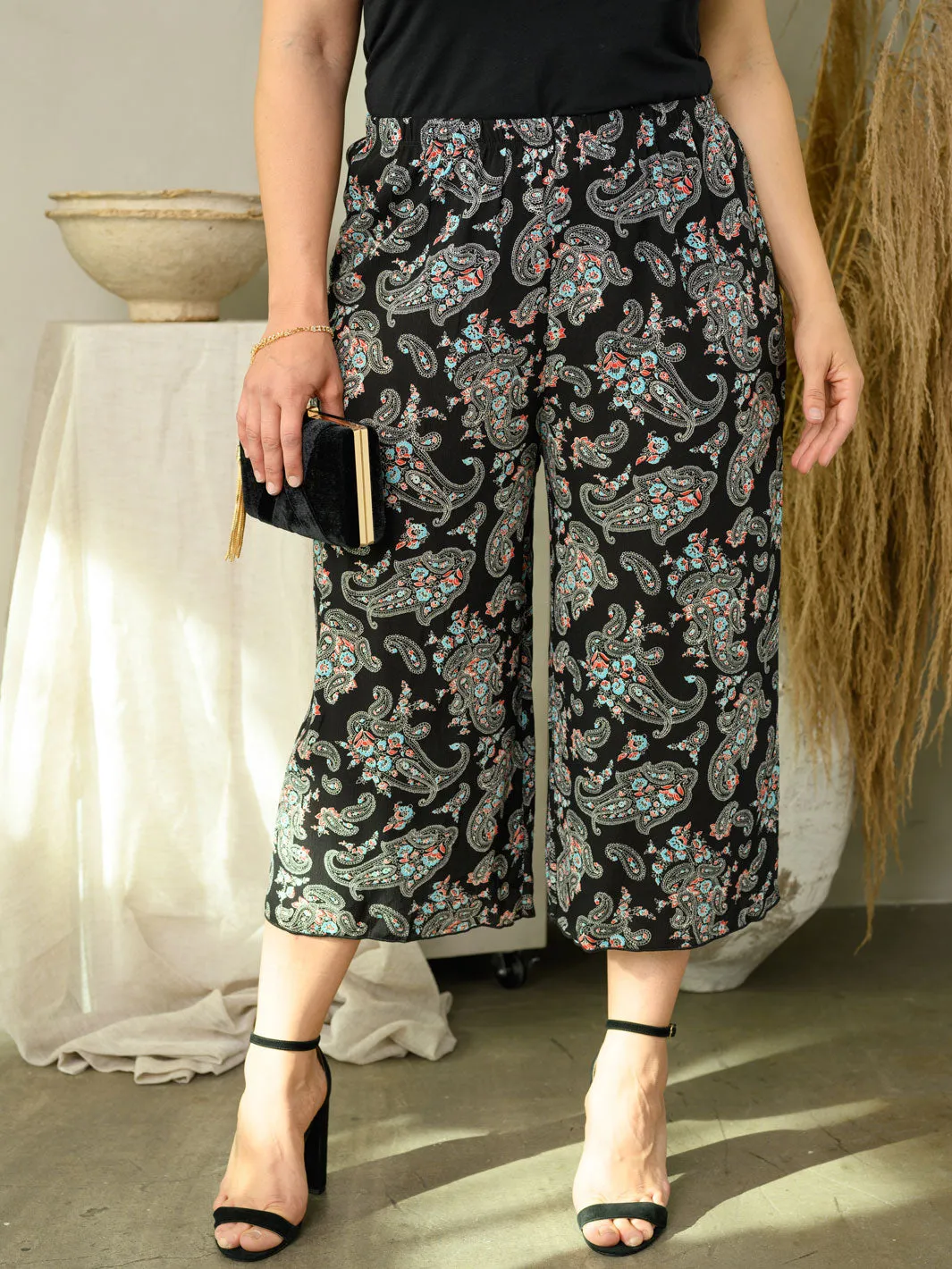 PLUS SIZE GAUZE FLORAL PRINT PANTS
