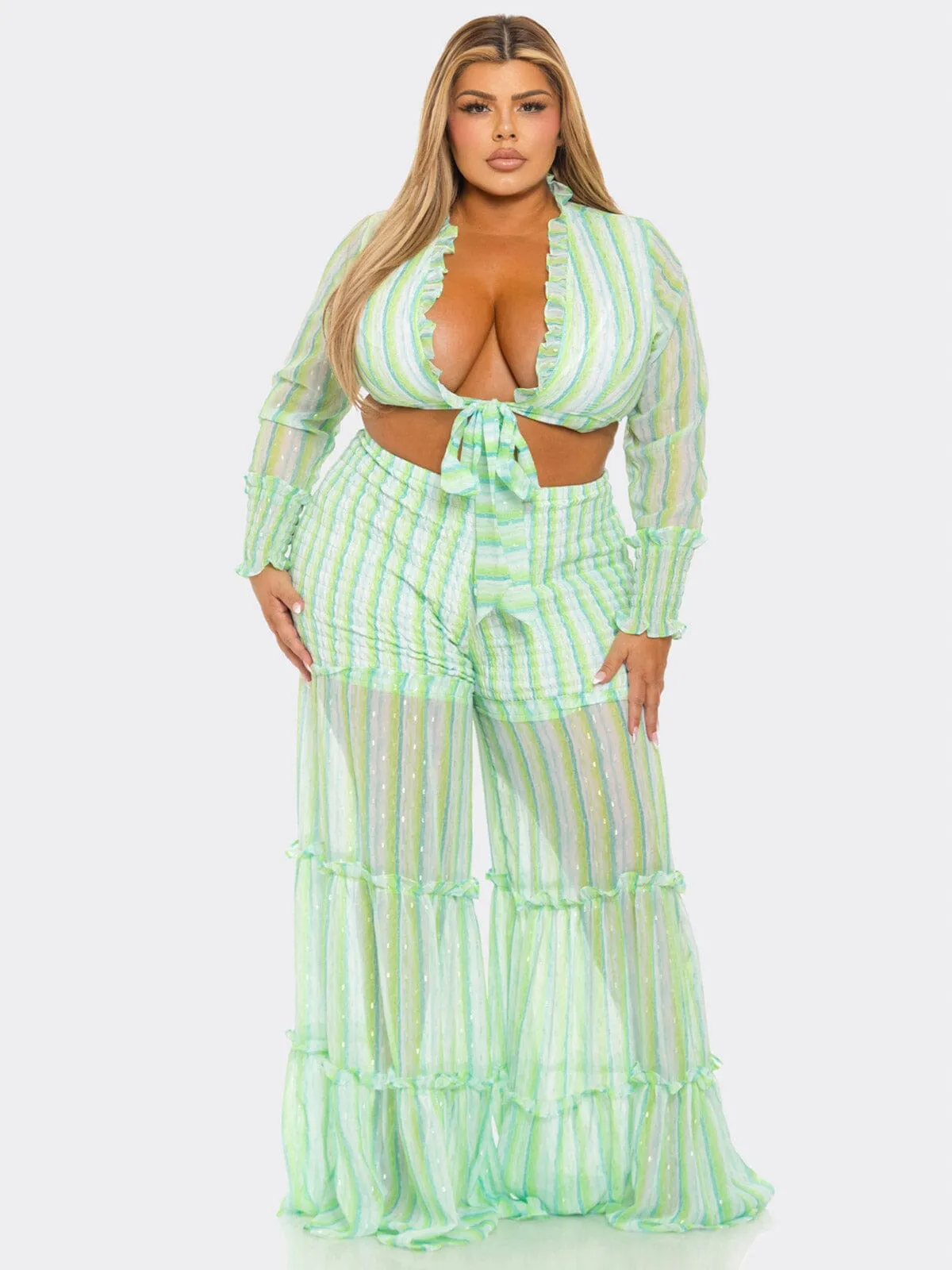 PLUS SIZE LONG SLEEVE CROP TOP & ELASTIC WAIST PANTS TIERED STRIPES 2PC. SET