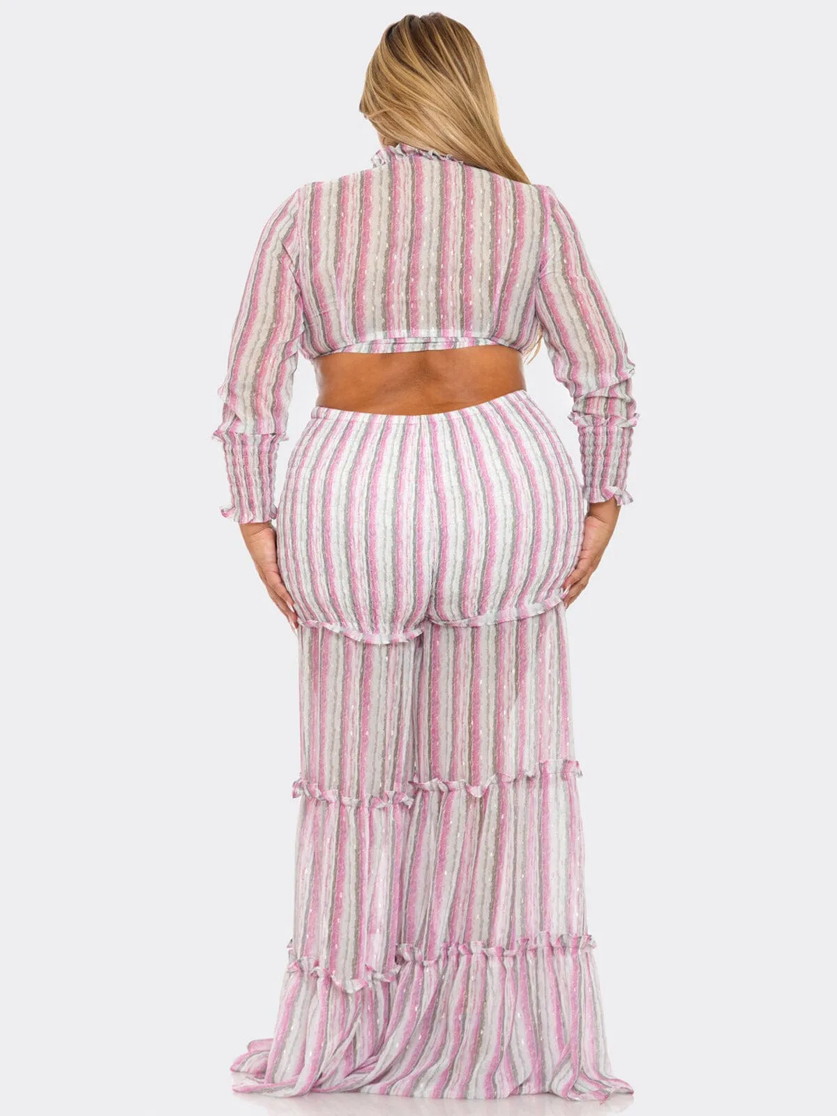 PLUS SIZE LONG SLEEVE CROP TOP & ELASTIC WAIST PANTS TIERED STRIPES 2PC. SET